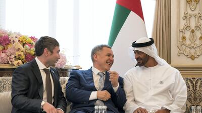 Sheikh Mohammed bin Zayed, Crown Prince of Abu Dhabi and Deputy Supreme Commander of the UAE Armed Forces (R), meets with Rustam Minnikhanov, President of Tatarstan (C), during a Sea Palace barza. Mohammed Al Hammadi / Crown Prince Court - Abu Dhabi