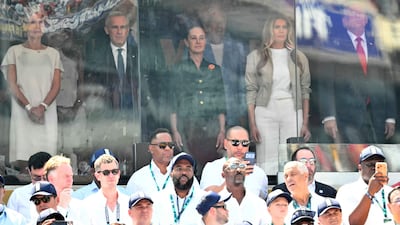 Canada’s Prime Minister Mark Carney with wife Diana Fox Carney, Mexico’s President Claudia Sheinbaum, US First Lady Melania Trump and US President Donald Trump stand for the national anthems. AFP