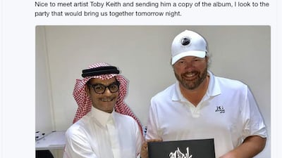 Oud player Rabeh Saqer tweeted a photo of himself with US country star Toby Keith ahead of their joint concert in Riyadh. Twitter