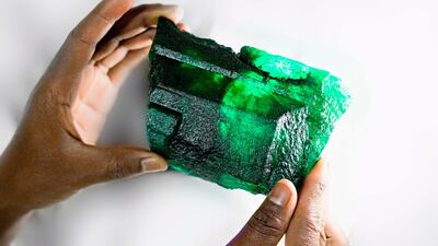 The 5,655-carat crystal has been dubbed Inkalamu, or the Lion Emerald. Courtesy Gemfields