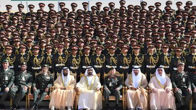 L-R: Sheikh Tahnoun bin Zayed, Ruler's Representative of the Eastern Region, Sheikh Mohammed bin Rashid, Vice President and Ruler of Dubai, Sheikh Hamdan bin Mohammed, Crown Prince of Dubai, and Sheikh Saif bin Zayed, Deputy Prime Minister and Minister of Interior, pose for a photo with the military graduates. Wam