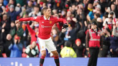Manchester United's Raphael Varane celebrates at the end of the English Premier League soccer match between Manchester United and Manchester City at Old Trafford in Manchester, England, Saturday, Jan. 14, 2023. (AP Photo / Dave Thompson)