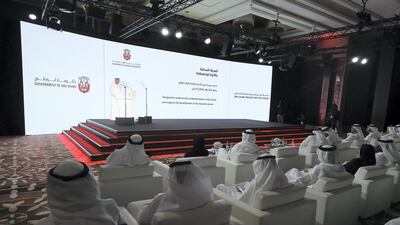 Saif Al Hajeri, Chairman of the Abu Dhabi Department of Economical Development announces a series of new initiatives developed for the private sector at the Abu Dhabi Private sector forum at the Park Hyatt. Chris Whiteoak / The National