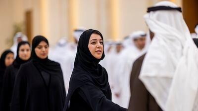 President Sheikh Mohamed receives condolences from Reem Al Hashimy, Minister of State for International Co-operation, on the passing of Sheikh Tahnoon bin Mohammed, Ruler's Representative in Al Ain Region, at Al Mushrif Palace. Ryan Carter / UAE Presidential Court