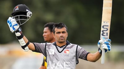 Khurram Khan celebrates a century against Papua New Guinea in a Cricket World Cup qualifier last year. Martin Hunter / IDI / Getty Images / January 26, 2014