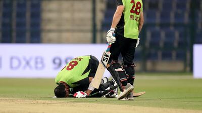 Lahore's Sohail Akhtar makes 100 in the game between Lahore Qalandars and Yorkshire.