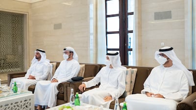 From left: Lt Gen Sheikh Saif bin Zayed, Mohammed Al Gergawi, Mohamed Al Hussaini and Dr Sultan Al Jaber at Qasr Al Watan.