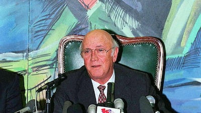 On August 26, 1997, FW de Klerk announced his resignation as leader of the National Party at at the party's offices in Cape Town. AFP