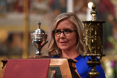 Lucy Hawking, daughter of Stephen Hawking, speaks at a memorial service for the renowned scientist at Westminster Abbey in London on June 15, 2018. Ben Stansall / Pool via Reuters