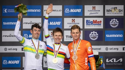 Silver medallist Ben O'Connor of Austrailia, gold medallist Tadej Pogacar of Slovenia, and bronze medallist Mathieu van der Poel of Netherlands. EPA