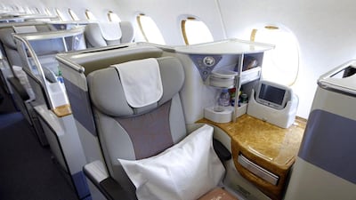 Business class seats inside the Emirates Airbus A380. Chip East / Reuters