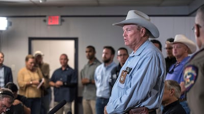 Wilson County Sheriff Joe Tackett gives an update during a news conference at the Stockdale Community Center following a shooting at the First Baptist Church in Sutherland Springs that left many dead and injured in Stockdale, Texas, U.S., November 5, 2017. REUTERS/Sergio Flores