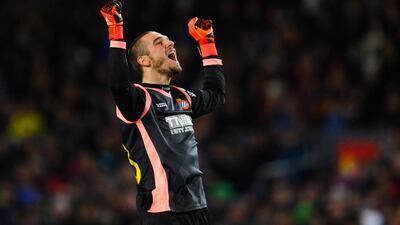 Pau Lopez of Espanyol celebrates after Felipe Caicedo of Espanyol scored the opening goal during the Copa del Rey Round of 16 first leg match between FC Barcelona and RCD Espanyol at Camp Nou on January 6, 2016 in Barcelona, Spain. (Photo by David Ramos/Getty Images)