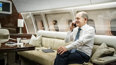 Olaf Scholz telephones US President Joe Biden, who congratulated him on taking office, in December 2021. Getty Images