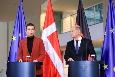 Danish Prime Minister Mette Frederiksen, left, meets German Chancellor Olaf Scholz in Berlin on Tuesday. Bloomberg
