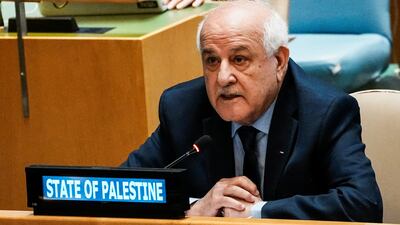 Riyad Mansour, Palestinian Permanent Observer to the UN, addresses delegates at the UN headquarters in New York City, on September 12. Reuters