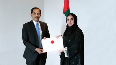 Alya Almehrezi, assistant undersecretary for the Protocols Affairs Office at the Ministry of Foreign Affairs and International Co-operation, receives the credentials of Sunjay Sudhir, India's new ambassador to the UAE. Photo: Wam