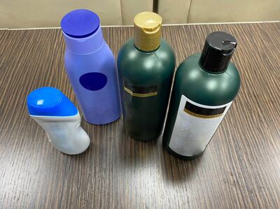 2.473 kilos of cocaine were found concealed in bottles of body-care products, including shampoo and body creams. Photo: Dubai Customs
