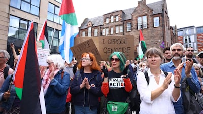 People take part in a Palestine Action 'Lift The Ban' protest in Edinburgh, Scotland. Getty Images