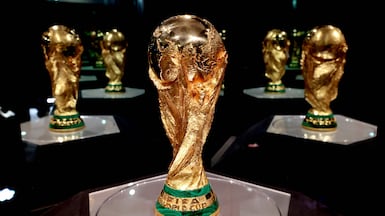 A Fifa World Cup trophy on display at the Akron Stadium in Mexico on Saturday. AFP