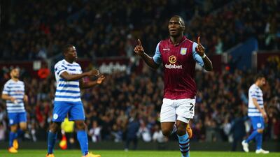 Christian Benteke celebrates after scoring one of his three goals on Tuesday in a 3-3 draw with QPR in the Premier League. Matthew Lewis / Getty Images / April 7, 2015