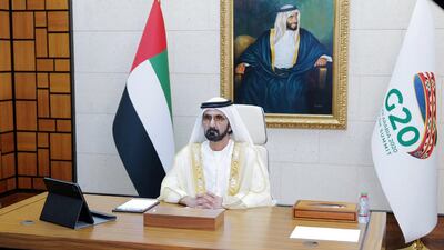 Sheikh Mohammed bin Rashid, Vice President, Prime Minister and Ruler of Dubai, addresses the online G20 Riyadh Summit. @HHShkMohd