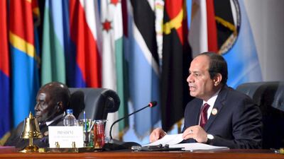 The pact was signed by African leaders including the Egyptian president Abdel Fattah El Sisi, above, the Zimbabwean president Robert Mugabe and the Ethiopian prime minister Hailemariam Desalegn at a summit in Sharm El Sheikh. The Egyptian Presidency / Reuters