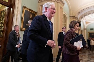 Senate Majority Leader Mitch McConnell walks out of the Senate chamber during a break in the impeachment trial of President Donald Trump at the Capitol, Wednesday, January 22, 2020, in Washington. AP Photo/Steve Helber
