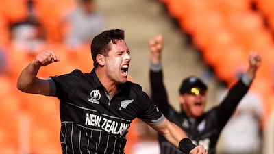New Zealand's Matt Henry celebrates after taking the wicket of England's Jos Buttler, caught by Tom Latham. Reuters