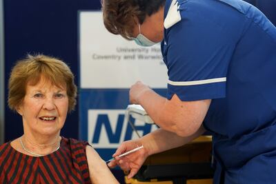 Margaret Keenan, 92, receives her spring Covid-19 booster shot in April. After Kate Bingham's drive for a vaccine she was the first patient in Britain to receive the Pfizer/BioNtech Covid-19 vaccine. PA
