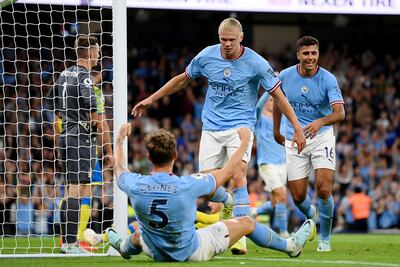 Manchester City striker Erling Haaland celebrates completing his hat-trick against Nottingham Forest. Getty