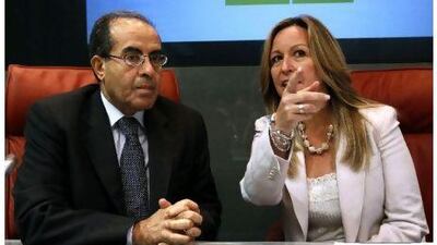 Spanish foreign minister Trinidad Jimenez, right, talks to Mahmoud Jibril, executive bureau chairman of the transitional national council in Libya, before their joint news conference at the foreign ministry in Madrid yesterday. Andrea Comas / Reuters