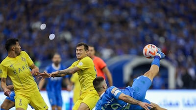Aleksandar Mitrovic of Al Hilal shoots during the Saudi Pro League match against Al Nassr at King Fahd International Stadium on December 1, 2023 in Riyadh, Saudi Arabia. Al Hilal won the match 3-0 to move seven points clear at the top of the table. AFP