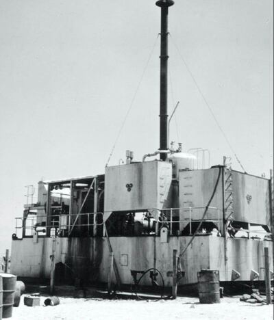 Abu Dhabi's first desalination plant, which was located on the beach before the building of the Corniche. The plant, built in Britain, could produce around 50,000 litres of fresh water a day in 1962. Courtesy: Bp Archives