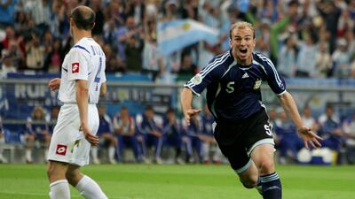Esteban Cambiasso celebrates after scoring for Argentina against Serbia during the 2006 World Cup in Germany. Getty