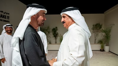 Sheikh Mohamed greets Sheikh Khaled bin Abdullah Al Khalifa, Bahrain's ambassador to the UAE
