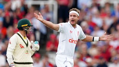 England blower Stuart Broad celebrates trapping Australia's Alex Carey lbw for 22. PA