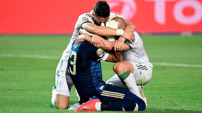 Algeria's players celebrate after Riyad Mahrez's late winner sent them through to Friday's Africa Cup of Nations final, where they will face Senegal. AFP