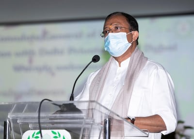 V Muraleedharan, Indian Minister of State for External Affairs, addresses workers at Delhi Private School in Dubai, where a programme has been launched to help blue collar workers learn English, Arabic and computer skills. Reem Mohammed / The National