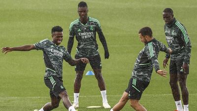 Left to right: Real Madrid's Vinicius Junior, Eduardo Camavinga, Eden Hazard and Ferland Mendy on the eve of their Champions League match against RB Leipzig. EPA