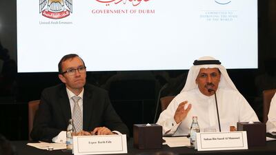 Sultan Al Mansouri, right, the UAE Minister of Economy, and Espen Barth Eide, the managing director of the World Economic Forum, at a press conference during the WEF event. Pawan Singh / The National