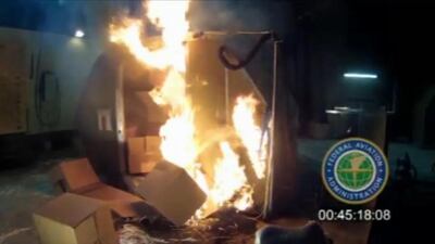 This frame grab from a video, provided by the Federal Aviation Administration (FAA), shows a battery test at the FAA's technical center in Atlantic City, New Jersey. FAA via AP Photo
