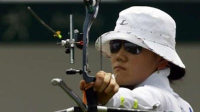 Park Sung-hyun of South Korea shoots an arrow during the women's individual ranking round of the archery competition.