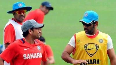 The former of Sachin Tendulakr, front left, has been poor during the Tri-series while Indian captain Mahendra Singh Dhoni, right is rumoured to have fallen out with Virender Sehwag, back left.