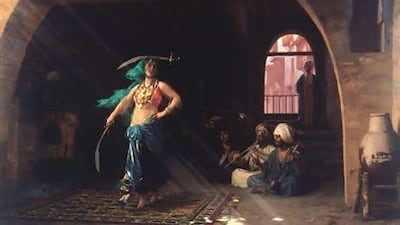 An oil painting from 1870 of an Egyptian almeh performing a sword dance.