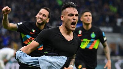 Lautaro Martinez celebrates after scoring Inter Milan's second goal during the Serie A match against Empoli at the San Siro. AFP