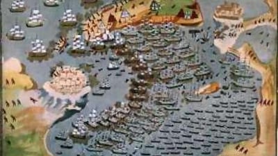 Battle of Navarino by Panagiotis Zografos: Gary Bass sees the entry of Britain, France and Russia into the Greek War of Independence as the first humanitarian intervention.