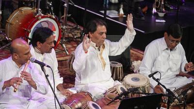 The Sachal Ensemble perform with Wynton Marsalis and the Jazz at Lincoln Center Orchestra in New York in 2013. From left, Baqar Abbas, Najaf Ali, Ballu Khan and Rafiq Ahmed. Hiroyuki Ito / Getty Images.
