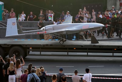 A Turkish-made Bayraktar TB2 drone is displayed during a rehearsal of a military parade dedicated to Independence Day in Kyiv, Ukraine, in 2021. AP Photo