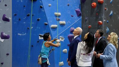 U.S. President Joe Biden and first lady Jill Biden meet with Virginia Governor Ralph Northam to discuss the state's progress against the coronavirus disease pandemic at Sportrock Climbing Centers in Alexandria, Virginia. Reuters